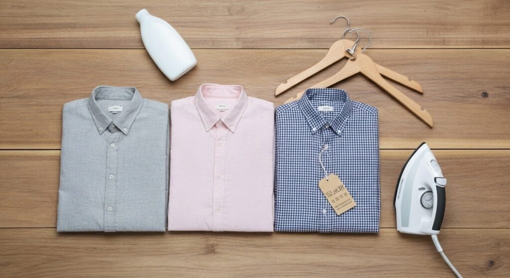 Linen Shirts for Men: Comfort, Style, and Everyday Elegance 4 Folded linen shirts in different colors with care instructions showing fabric quality