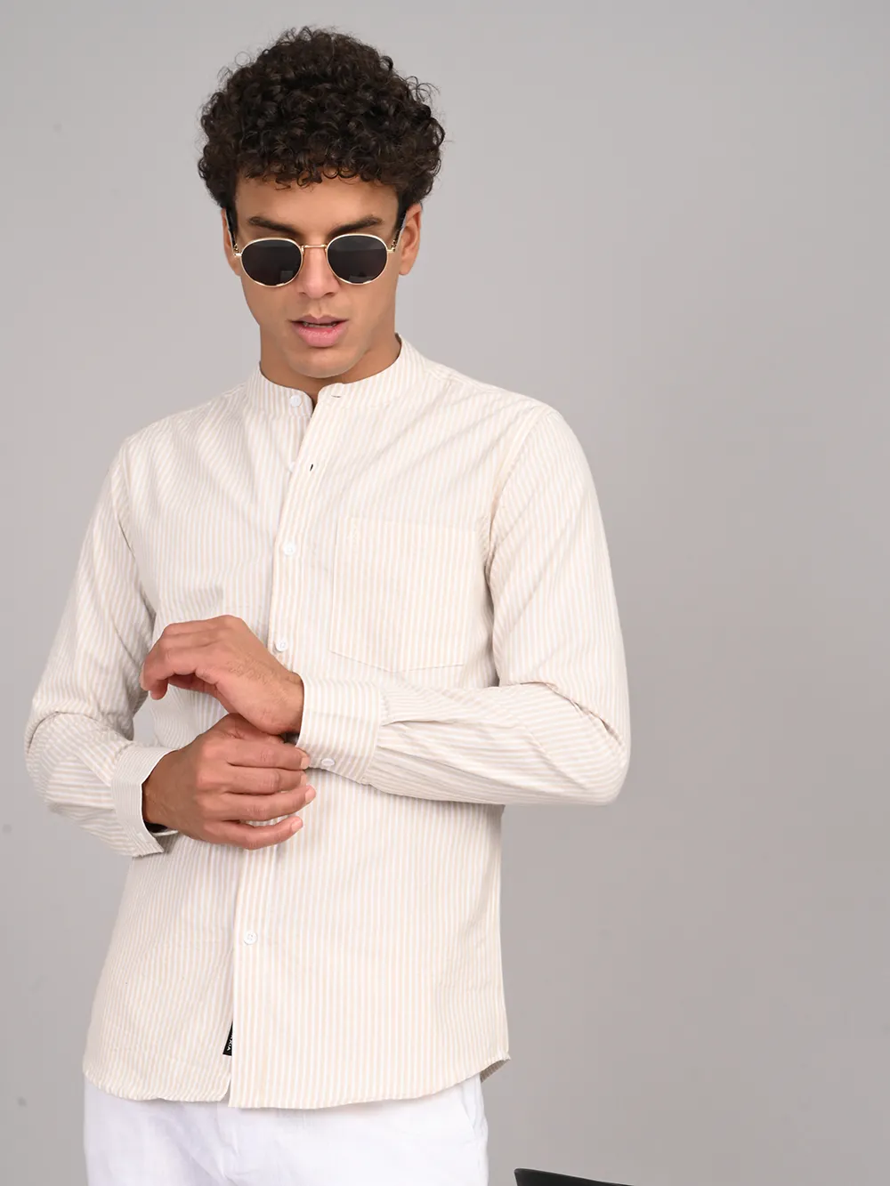 Beige Striped Full Sleeve Slim Fit Shirt