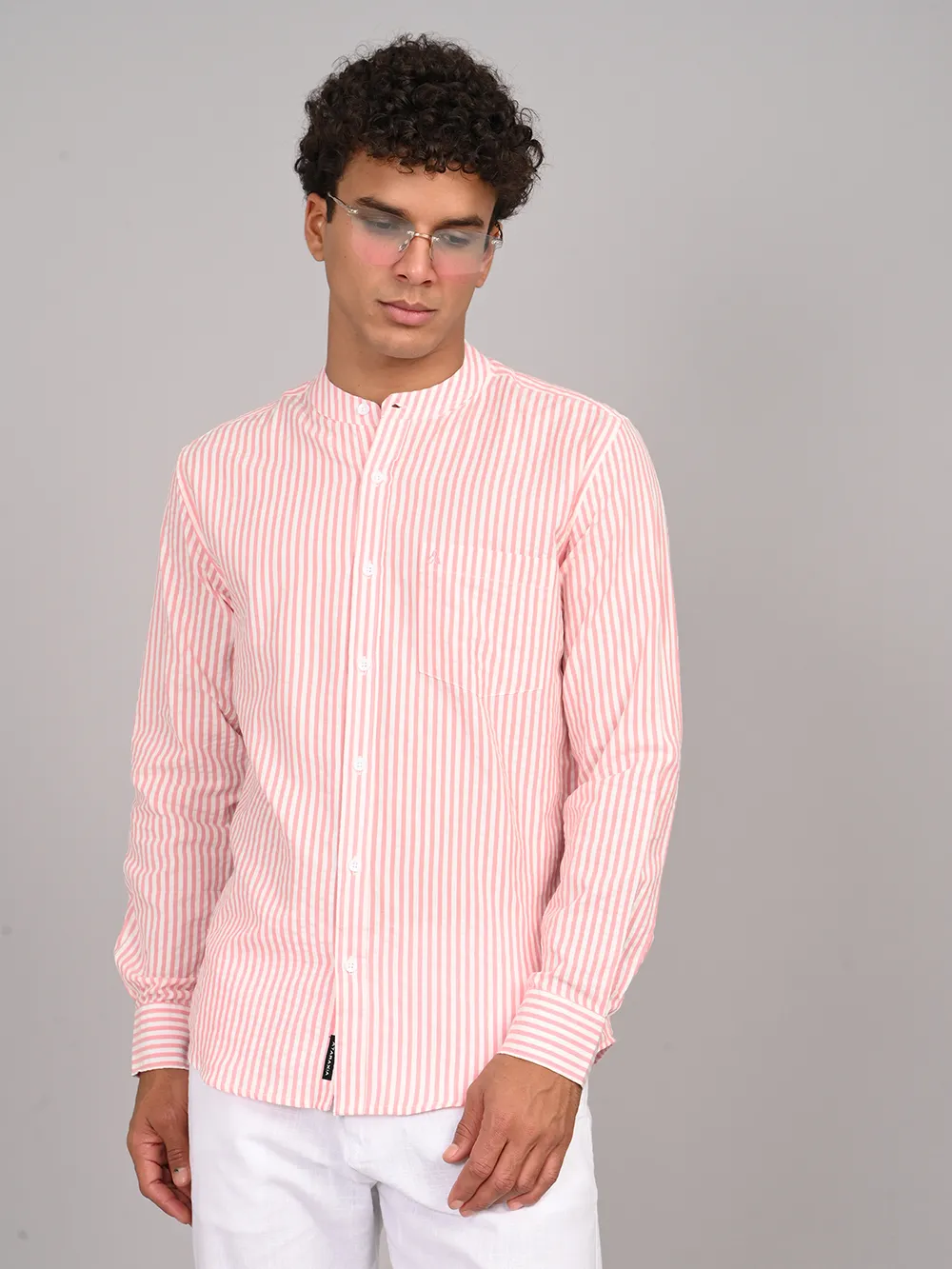 Pink White Striped Full Sleeve Slim Fit Shirt
