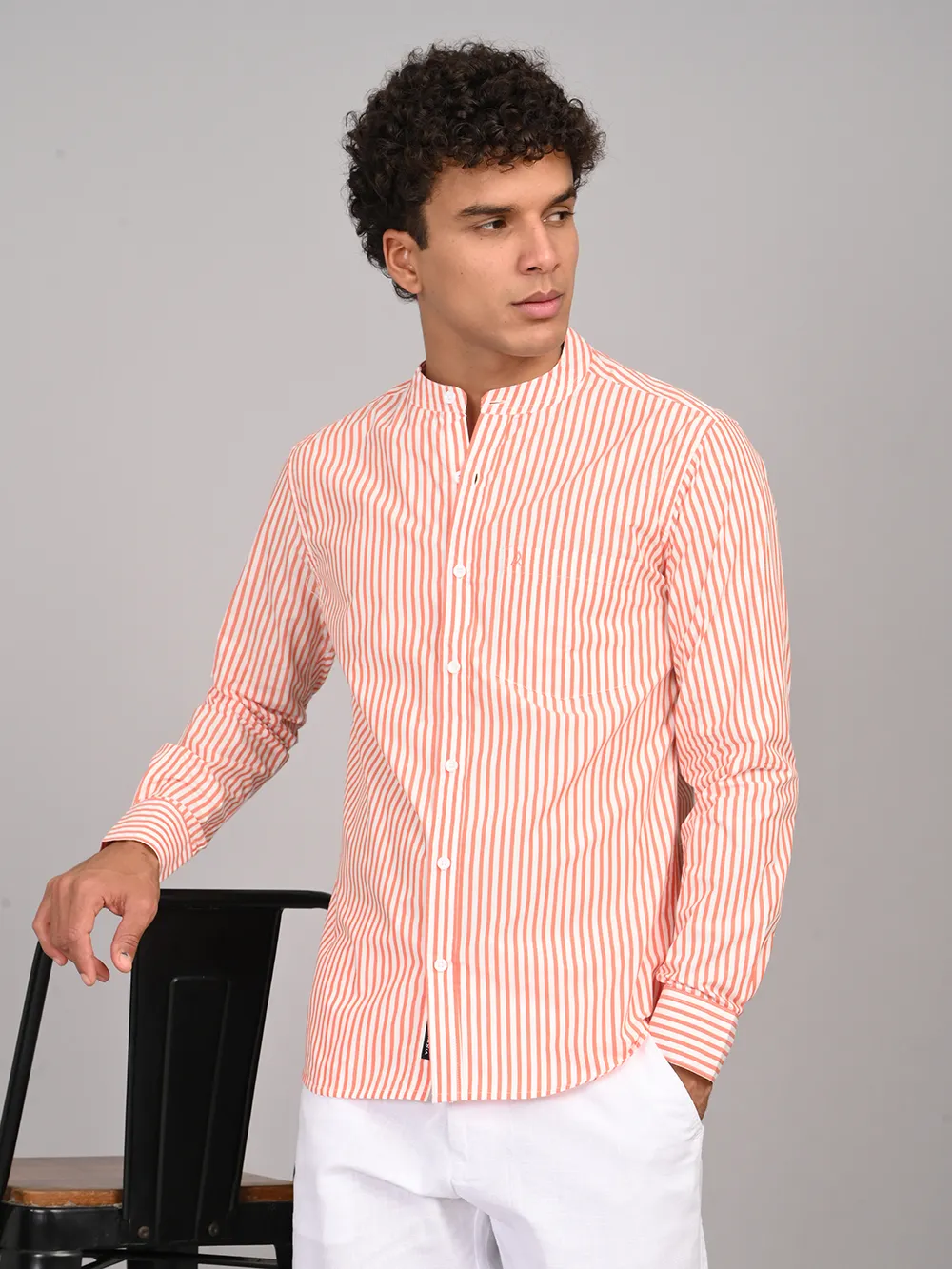 Orange Striped Full Sleeve Slim Fit Shirt