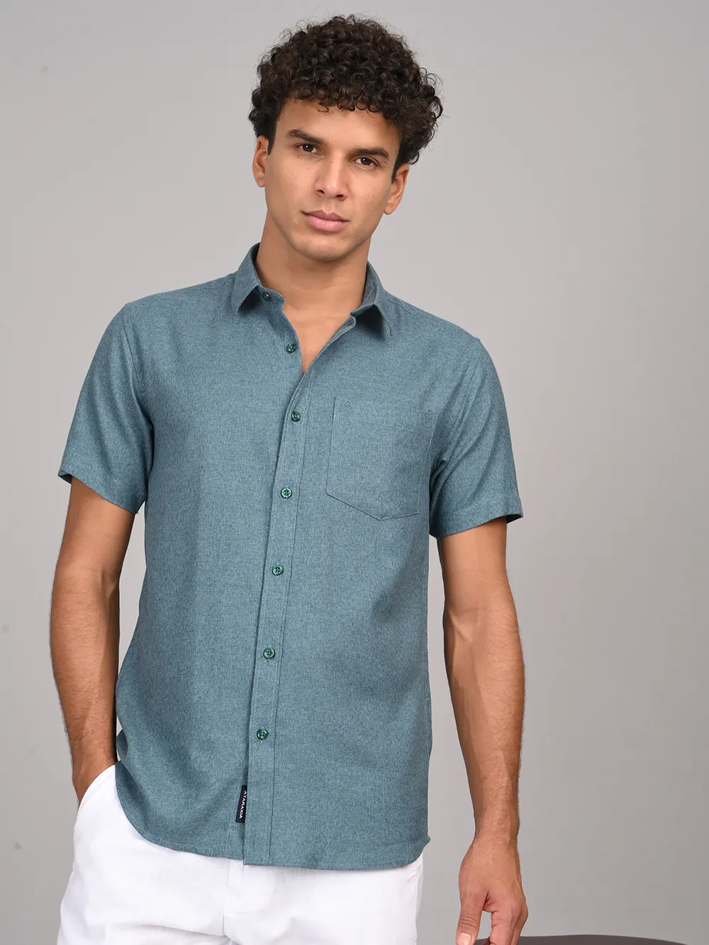 Green Melange Half Sleeve Slim Fit Shirt: