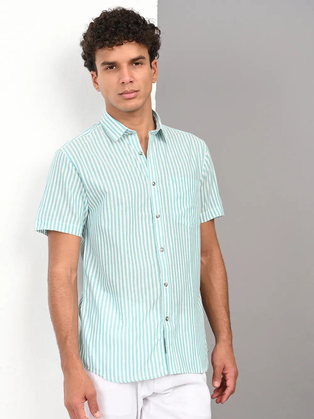 Green Half Sleeve Regular Fit Non-Collar Shirt
