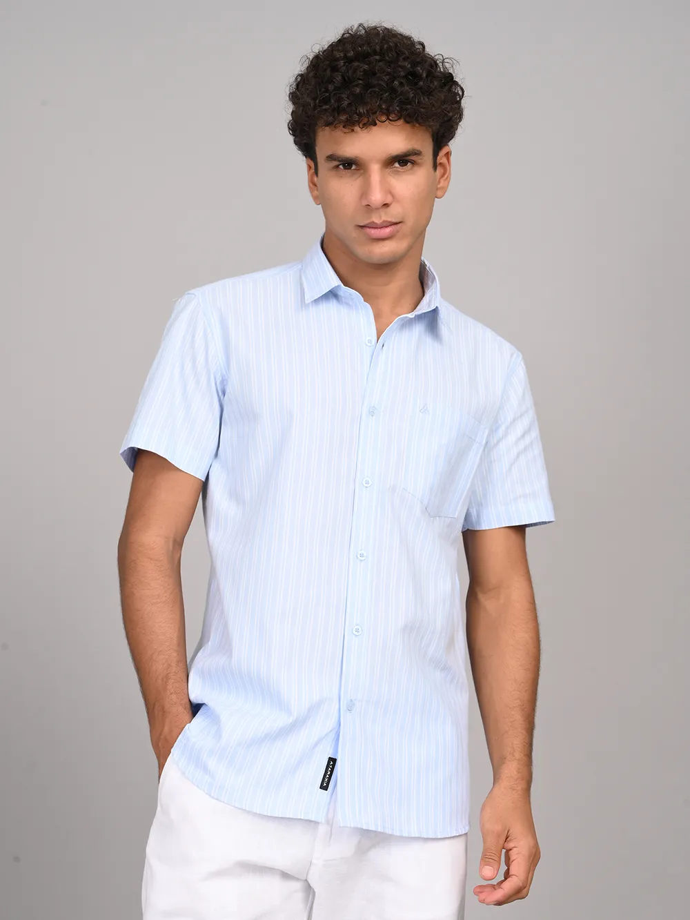 Light Blue Half Sleeve Regular Fit Non-Collar Shirt