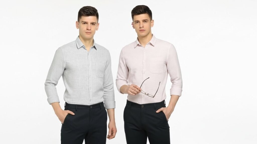 Upgrade Your Wardrobe with Classic Linen Shirts for Men: Timeless Style Meets Everyday Comfort 2 Men’s beige linen shirt paired with chinos showcasing effortless everyday style