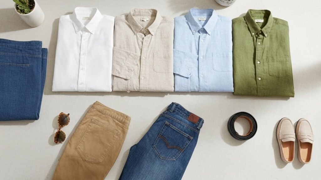 Upgrade Your Wardrobe with Classic Linen Shirts for Men: Timeless Style Meets Everyday Comfort 4 Stylish men’s outfit flatlay featuring a linen shirt, watch, and accessories