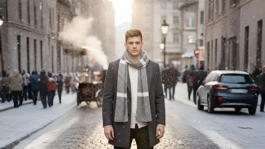 Linen shirt layered with sweater and coat for winter styling