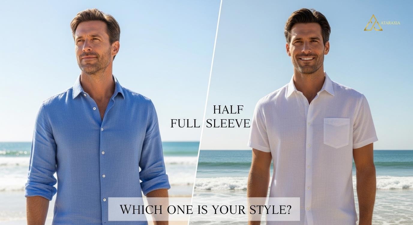 Comparison of full sleeve vs half sleeve linen shirts showing style differences for summer fashion and casual wear