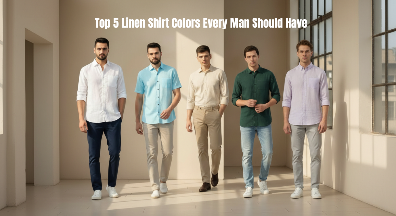 Top 5 linen shirt colors for men including white, blue, beige, green, and pastel