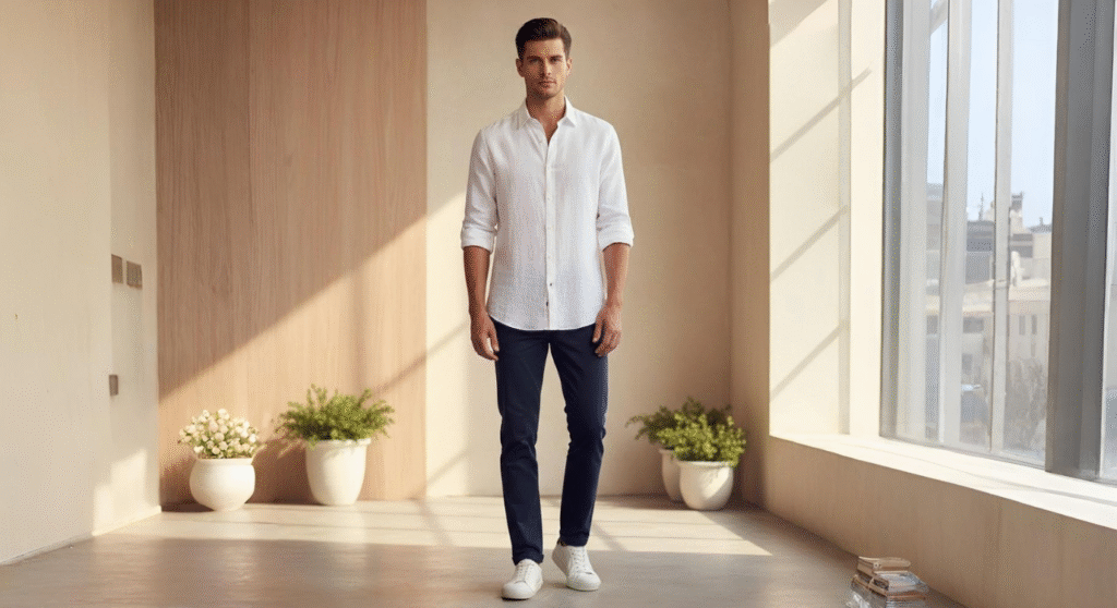 Man wearing a crisp white linen shirt, classic and timeless style