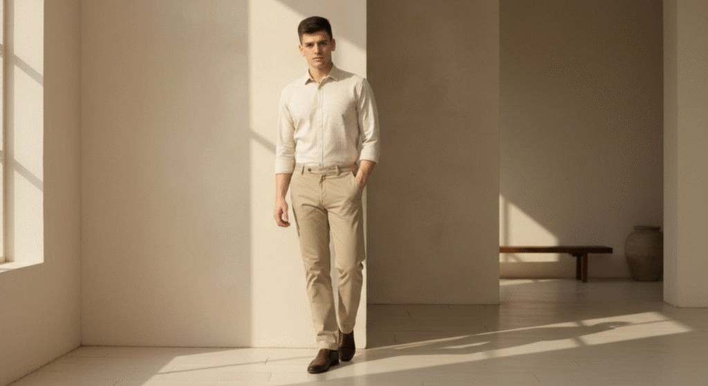 Man in a beige linen shirt, showing elegant and minimal fashion