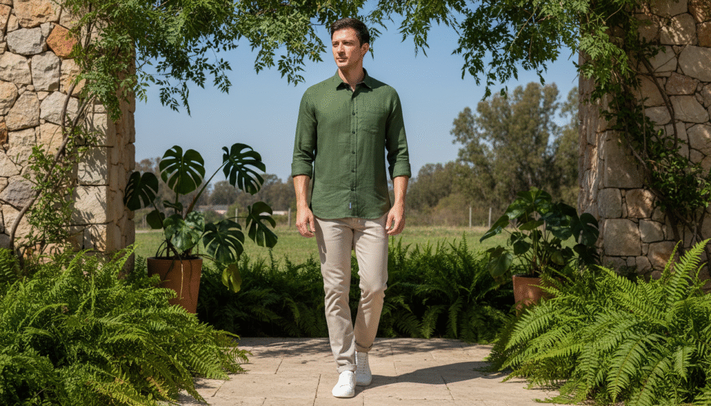 Male wearing a green linen shirt with a modern, natural look