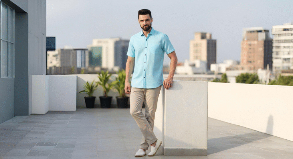 Male model in a blue linen shirt styled casually and smartly
