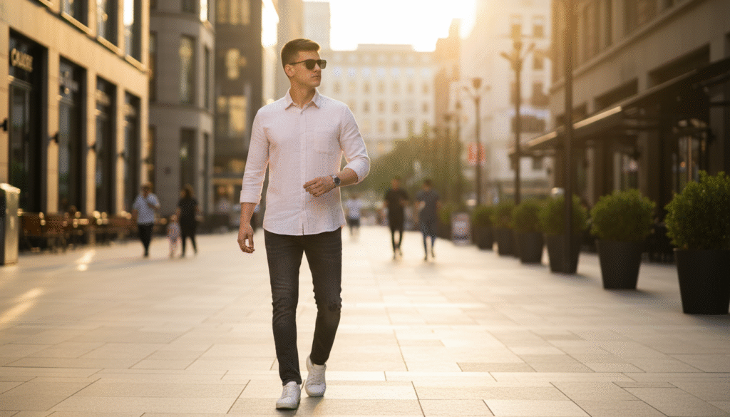 Man in linen shirt enjoying comfort during intense Indian summer heat