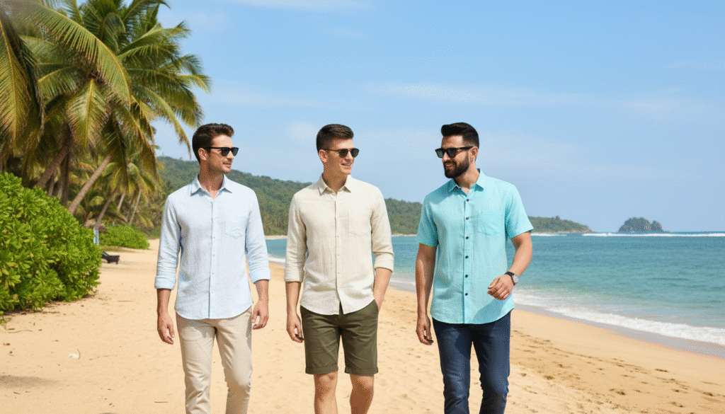  Man wearing linen shirt staying cool and dry in hot and humid Indian summer climate