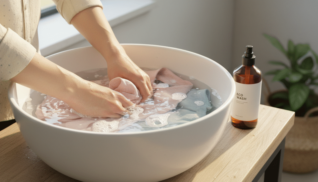 Hand washing pure linen shirt in mild detergent and cold water to maintain fabric quality