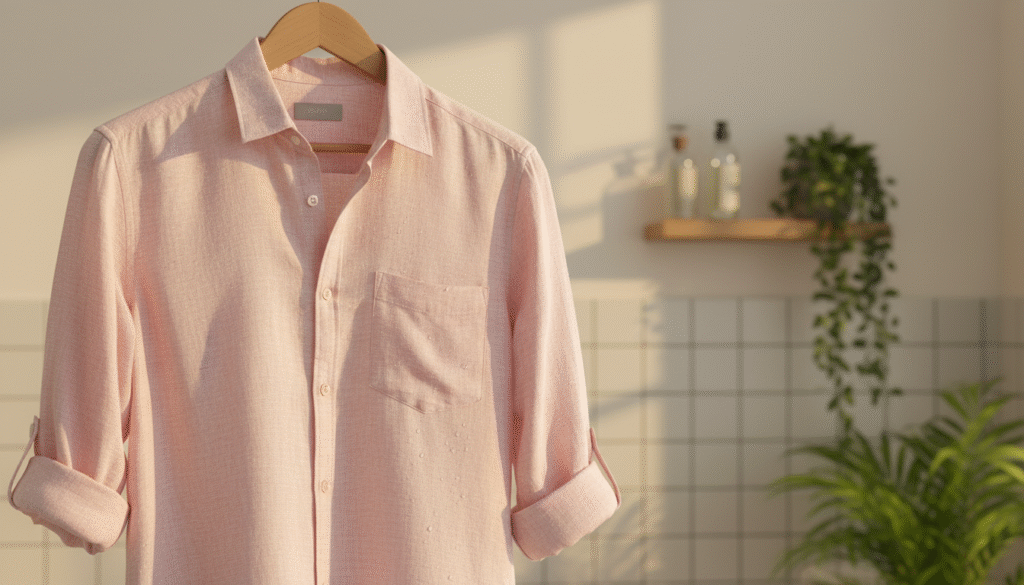 Freshly washed linen shirt being air dried indoors using natural airflow and sunlight