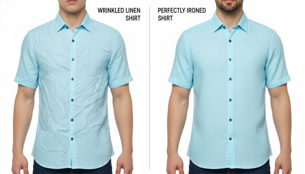 Using steam iron on linen shirt with gentle movements to smooth natural wrinkles