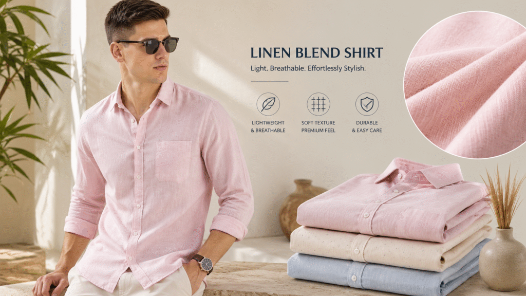Man wearing a soft and breathable linen-blend shirt designed for comfortable summer fashion.