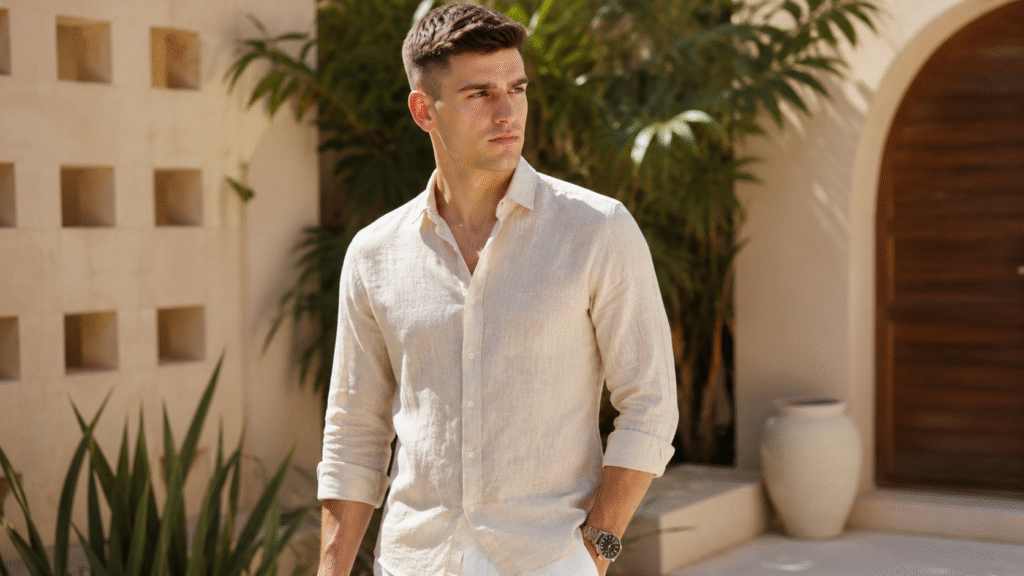 Man wearing a lightweight breathable linen-blend shirt for cool and comfortable summer style.