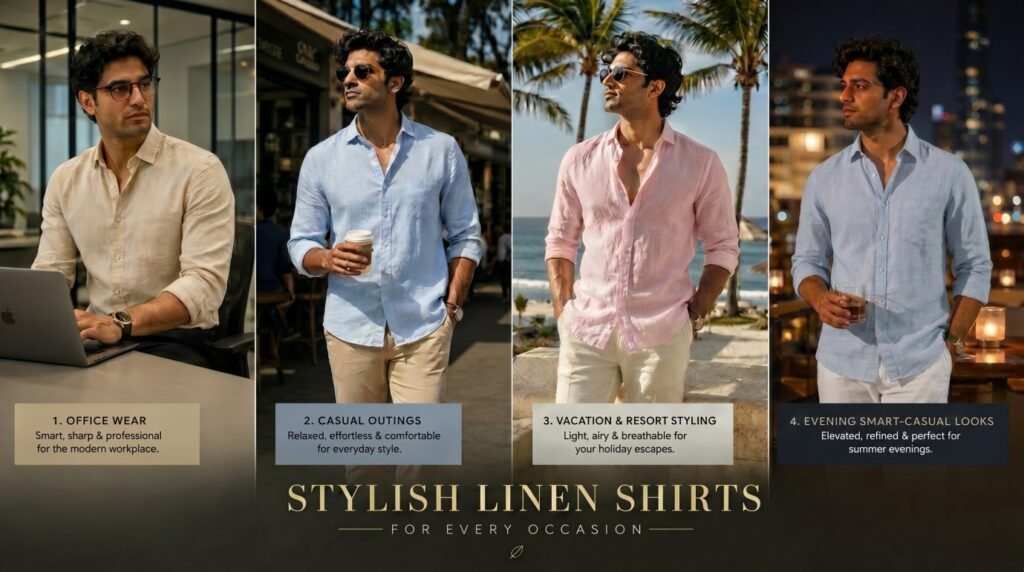 Stylish men’s linen shirts styled for office wear, casual outings, vacations, and smart-casual summer fashion