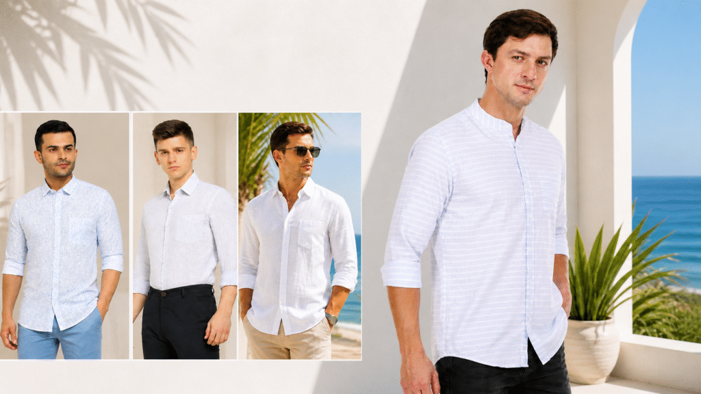 White Linen Shirt Men: 10 Outfits That Actually Work 2 Man selecting the best white linen shirt with a perfect fit and breathable fabric for summer style