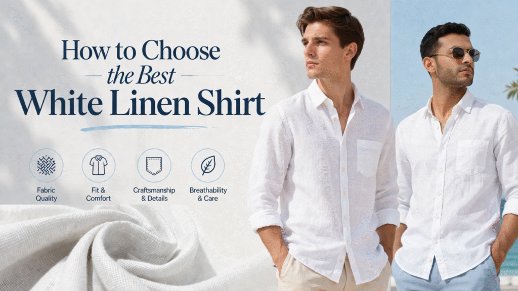 White Linen Shirt Men: 10 Outfits That Actually Work 3 Man selecting the best white linen shirt with a perfect fit and breathable fabric for summer style