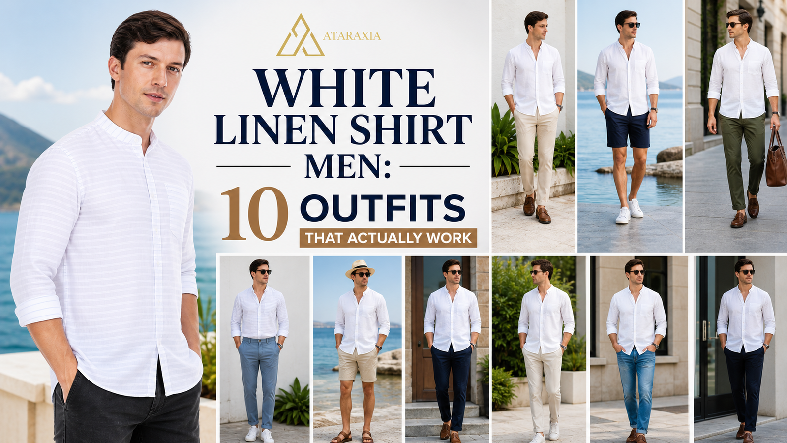 Stylish man in a white linen shirt showcasing multiple outfit ideas for summer fashion