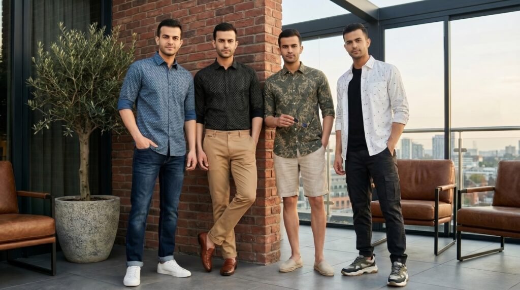 Men styling printed shirts with jeans chinos and sneakers for versatile fashion looks