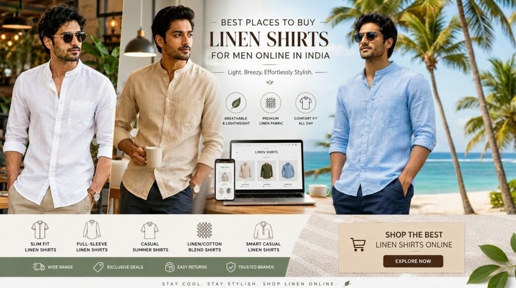 Collection of premium linen shirts for men available online in India in stylish summer colors and fits